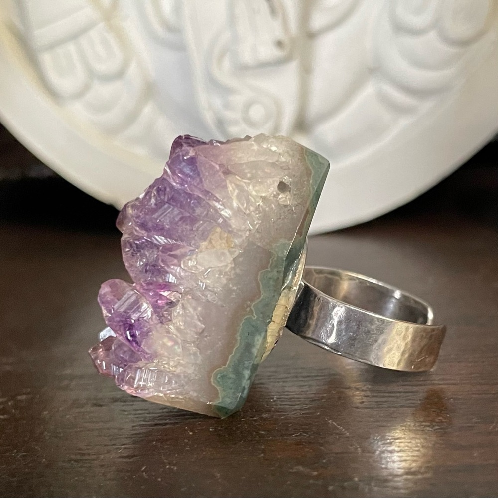 Natural Chunky Amethyst Druzy Crystal Silver Ring adjustable 925 - Picture 4 of 9